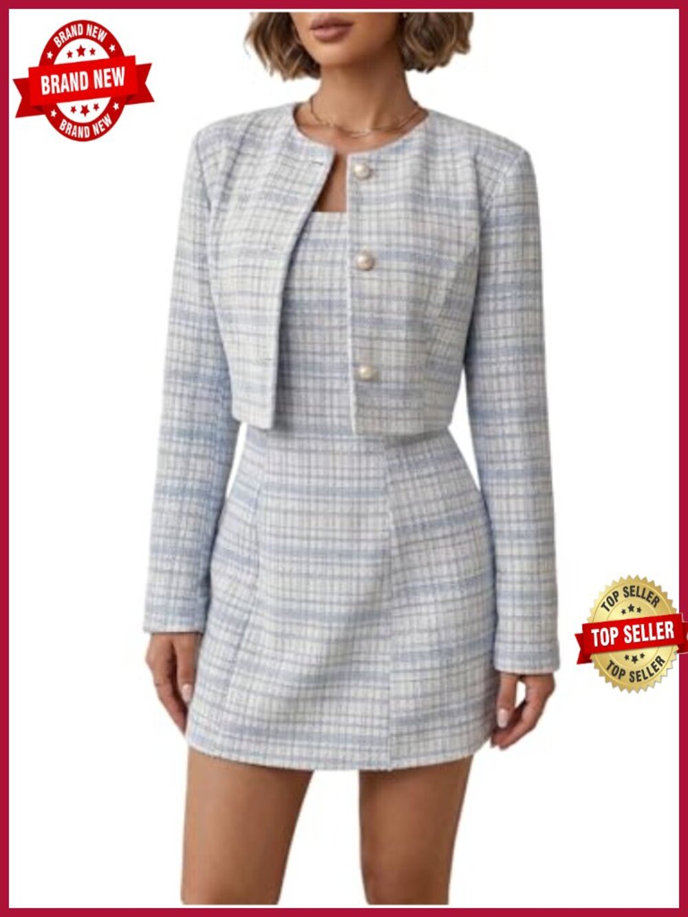 SOLY HUX Women's Plaid 2 Piece Cropped Jacket Mini Dress Set
